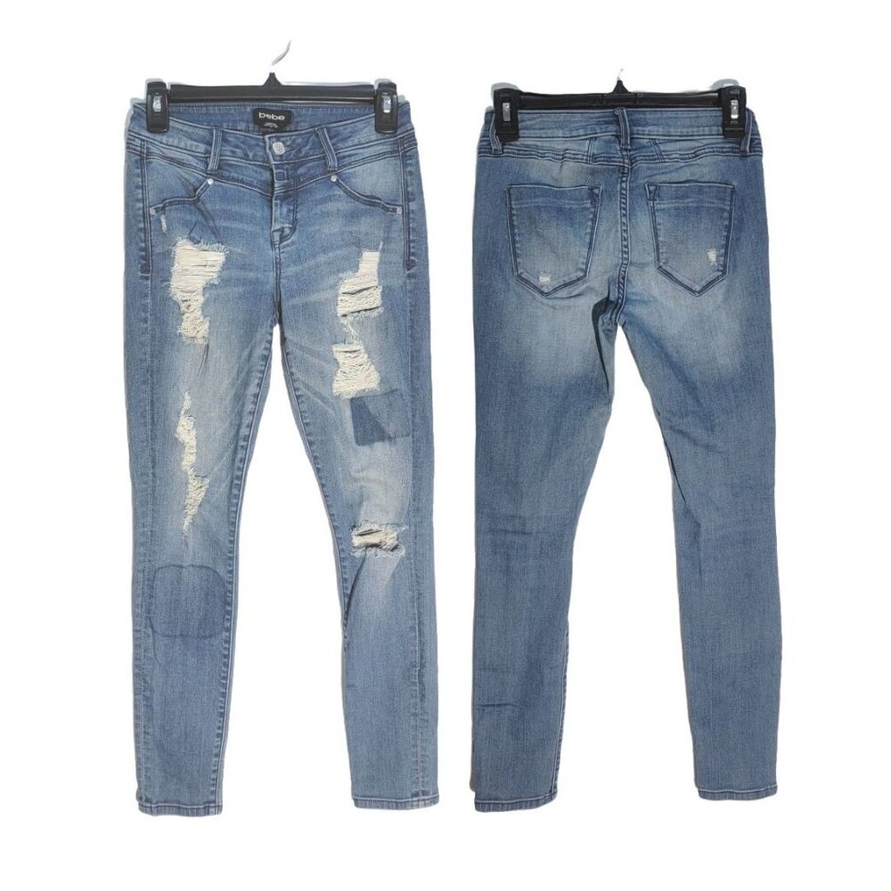 ❤️❤️BEBE Women Mid Rise Skinny Jeans Size 26 Patched Ripped in Front Blue Cotton